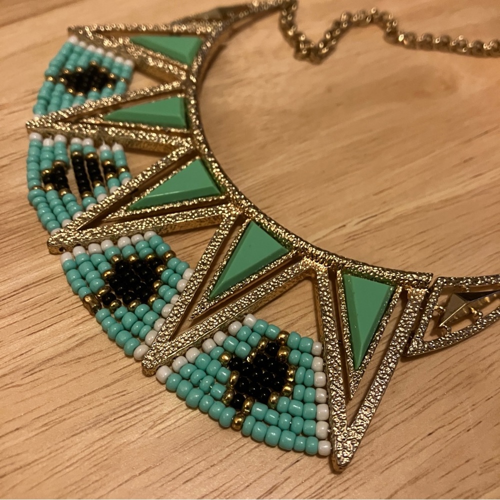 Geometric Patterned Silver and Green/Blue Beaded Necklace and Earring Set